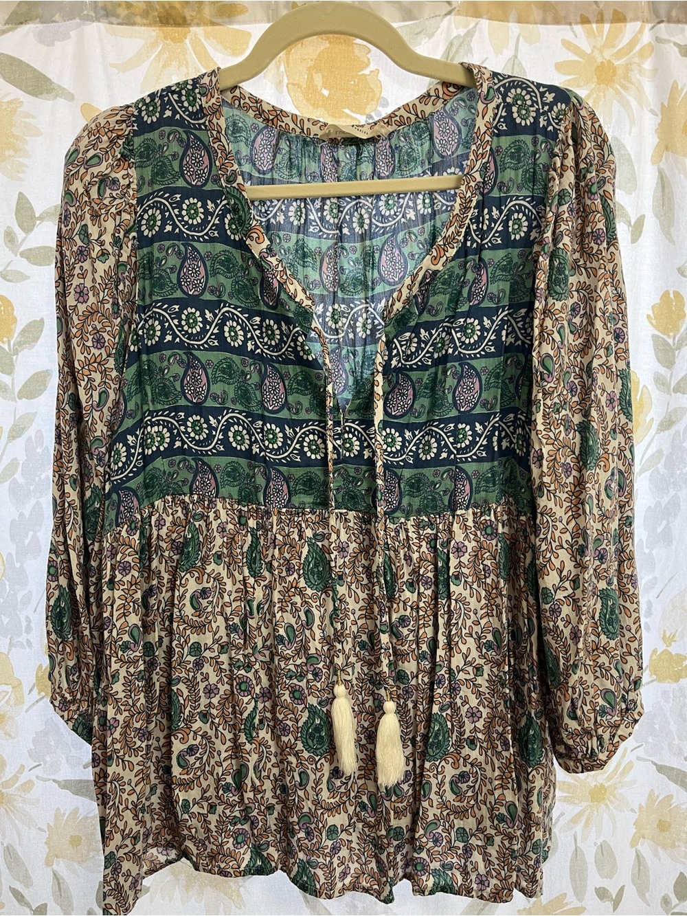 Lucky Brand Green and Cream Paisley Boho Tunic